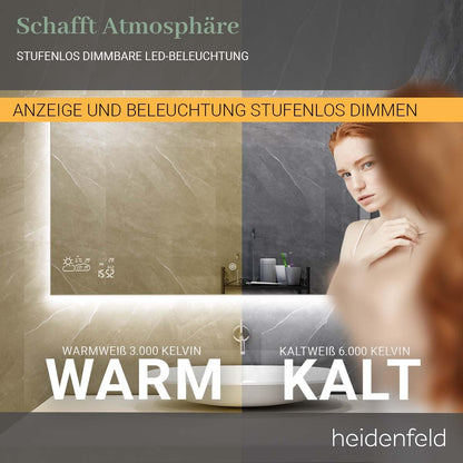 Heidenfeld Infrared Heater Mirror | HF-HS200 with touch panel - 10 level temperature control - 350 watts - 100 x 60 cm - WiFi bathroom mirror - infrared heating mirror - wall heater