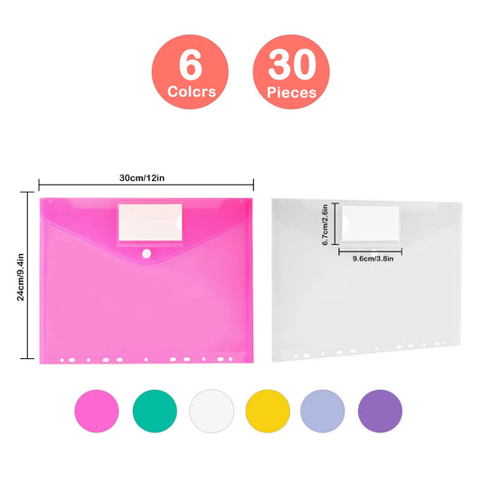 Document Folder A4 - Pack of 30, Transparent Folders with 11-hole edge and label pocket, Clear Sleeve for Documents (6 Colors)