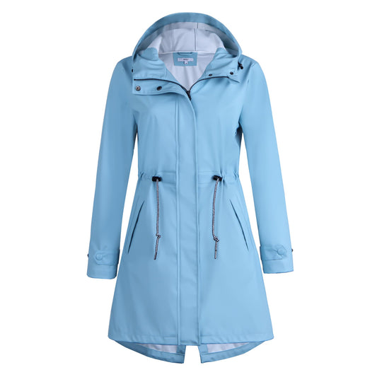 Women's waterproof raincoat, breathable rain jacket, long windbreaker, lightweight transitional jacket, Friesian summer coat, blue, size 38.