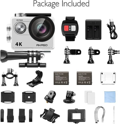 AKASO Action Cam EK7000 4K30FPS Action Camera 170° Wide Angle HD Underwater Camera 20MP WiFi Waterproof Sports Camera 2 Inch LCD Screen with 2 Batteries (Silver)