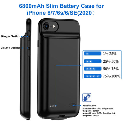 JUBOTY 6800mAh battery case for iPhone 6/6S/7/8/SE 2020/SE 2022, high capacity, portable charging case, extended battery, rechargeable phone battery charger, 4.7 inches (black)