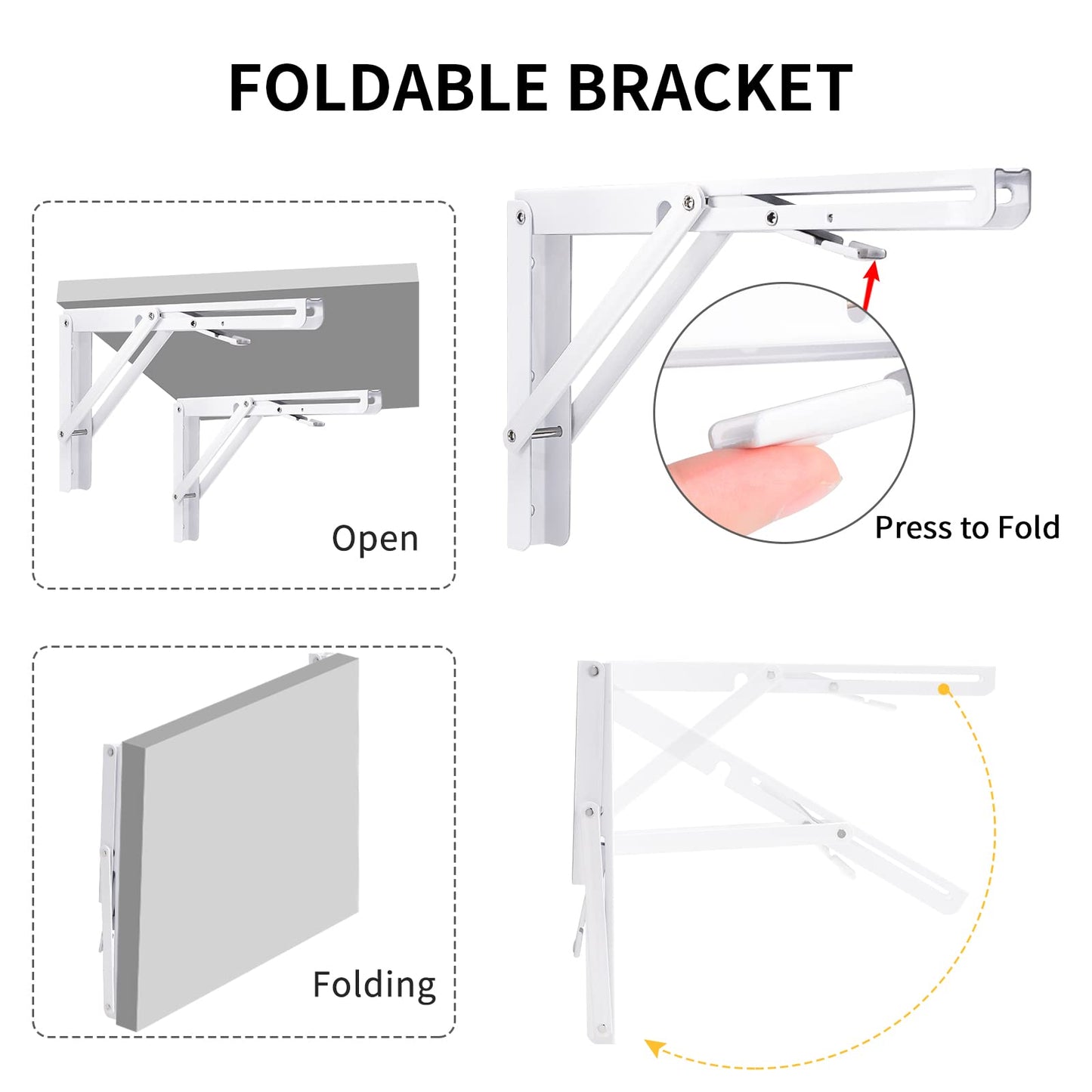 YUMORE Folding Shelf Brackets Heavy Duty 400mm White - 2 Pcs Metal Folding Brackets Wall Table Supports Folding Shelf Brackets for DIY Folding tables Benches Shelves Space-saving, Max Load 330lbs