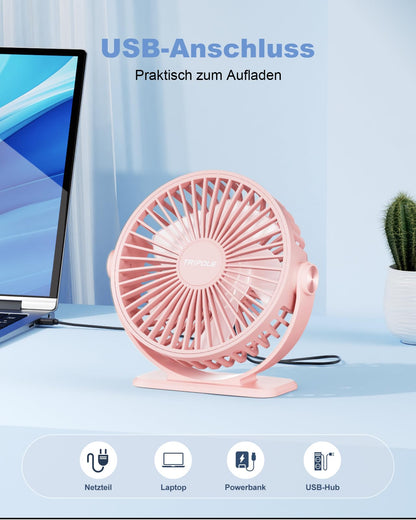 TriPole Fan: Quiet, 3-speed mini fan. Powerful portable USB desk fan with 360° rotation. Small electric fan for office, bedroom, and travel. Pink color.
