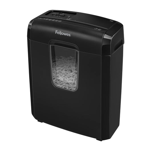 Fellowes 6-sheet cross-cut shredder (P4), Powershred 6C, for home use. Features 11L bin, safety lock, and shreds credit cards and paper clips. Black.