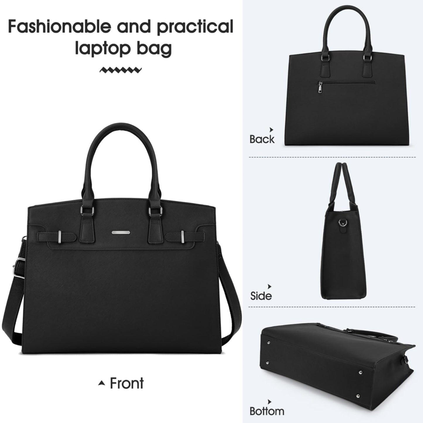 IGOLUMON women's handbag shopper large black laptop bag 15.6 inch PU leather shoulder bag waterproof for business office work teacher bag school