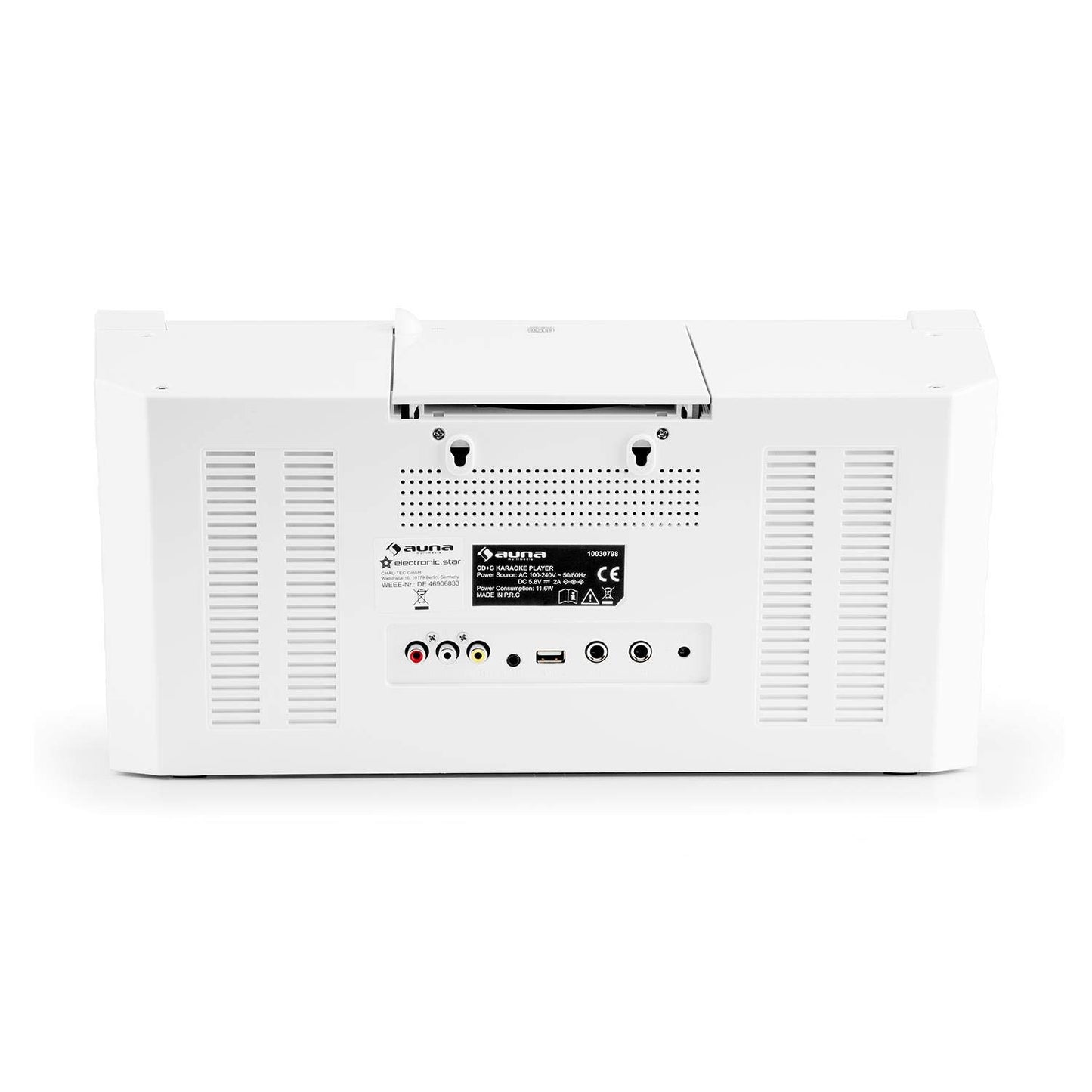 AUNA DiscoFever LED Edition - Karaoke system, machine with Bluetooth, 7" TFT screen, recording function, CD player, USB port, MP3 support, microphone, and karaoke CD, white.