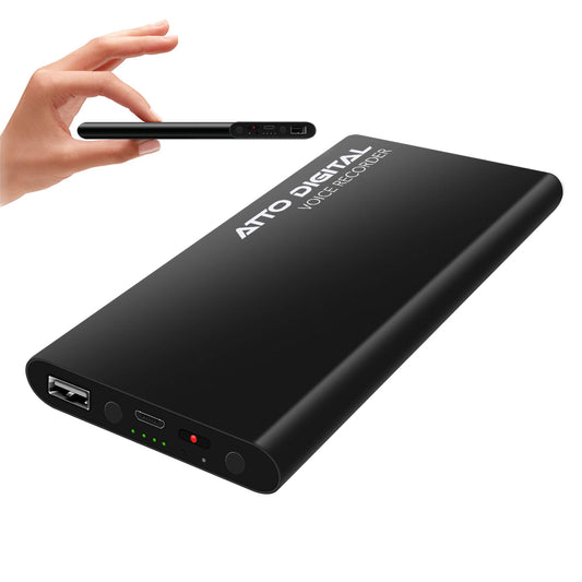64GB Professional Recording Device - Voice Activation - 18 Days Operating Time - 11mm Thin - Power Bank Phone Charging Function - PoweREC by Atto Digital