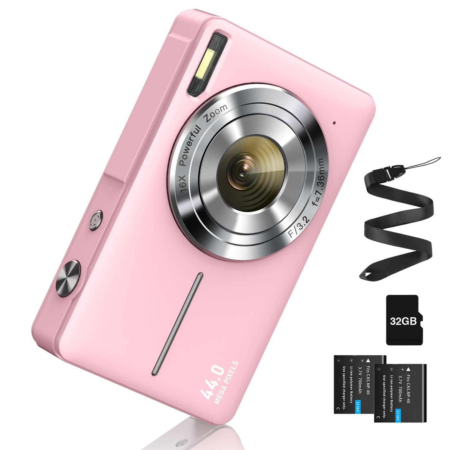 Digital camera 44MP FHD 1080p camera with 32G card. Photo camera with battery. Easy portable 16X digital zoom camera for kids, teens, students, seniors, beginners. (Pink)