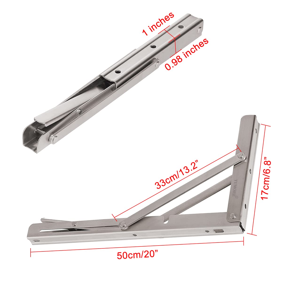 YUMORE Folding Bracket Heavy Duty 500mm, Stainless Steel Shelf Brackets Max Load 330 lbs Wall Mounted Floating Table Brackets Triangle Supports for DIY Workbench Space Saving, 2-Pack