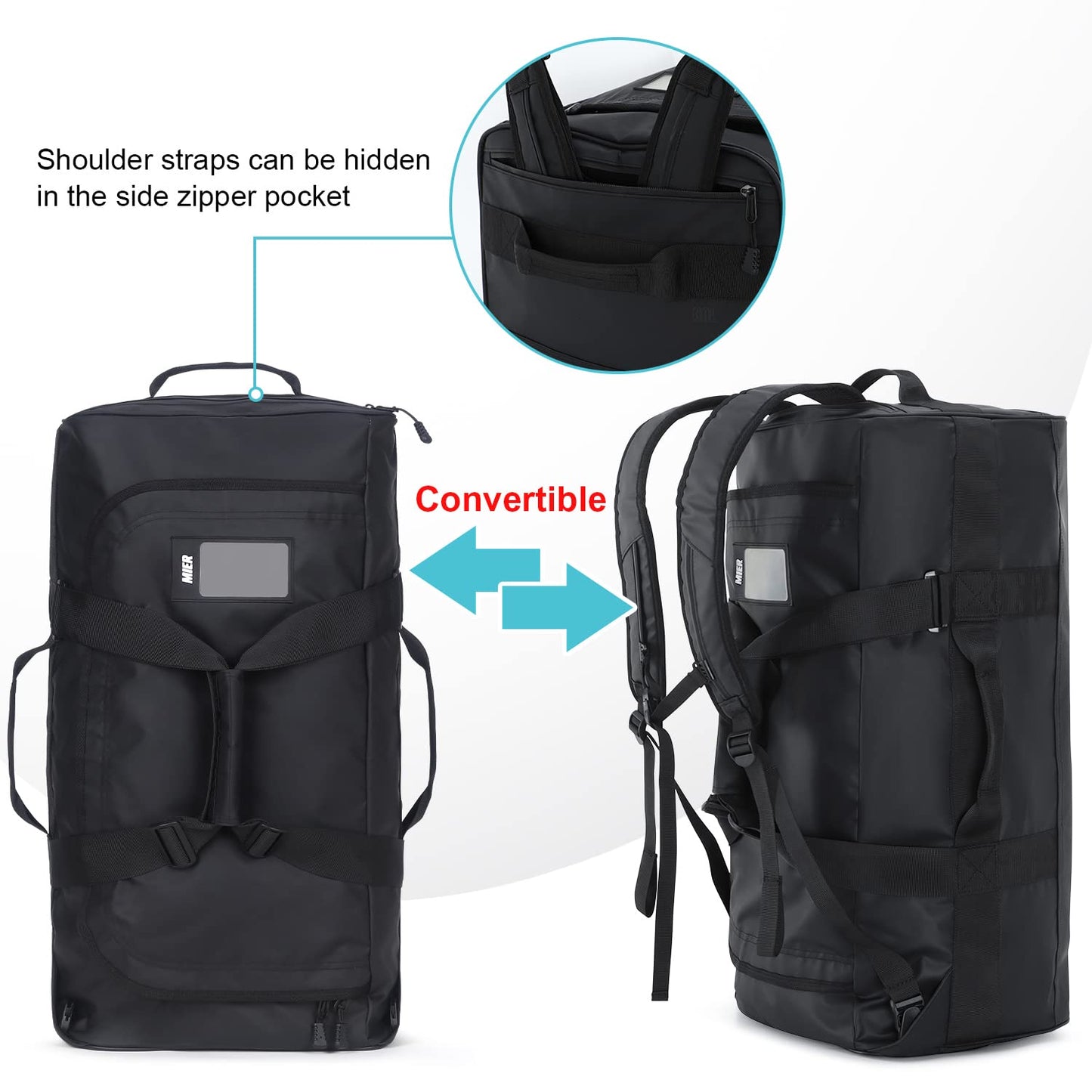 MIER Men's Sports Bag Water-Resistant Travel Bag 60L Large Heavy Duty Convertible Sports Backpack with Backpack Straps and Shoe Compartment for Gym, Sports, Travel, Duffle Bag-Black