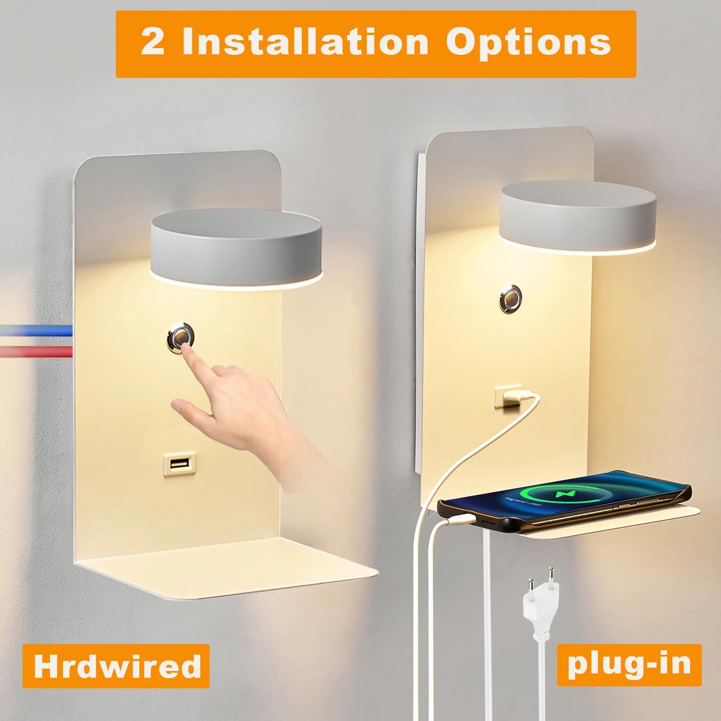 2 pieces of indoor LED wall lights with USB charging port, 12W touch dimmable wall lamp with switch & plug, 350° rotatable reading light wall mounted for bedroom bedside, living room, study hotel.