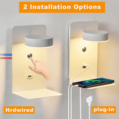 2 pieces of indoor LED wall lights with USB charging port, 12W touch dimmable wall lamp with switch & plug, 350° rotatable reading light wall mounted for bedroom bedside, living room, study hotel.