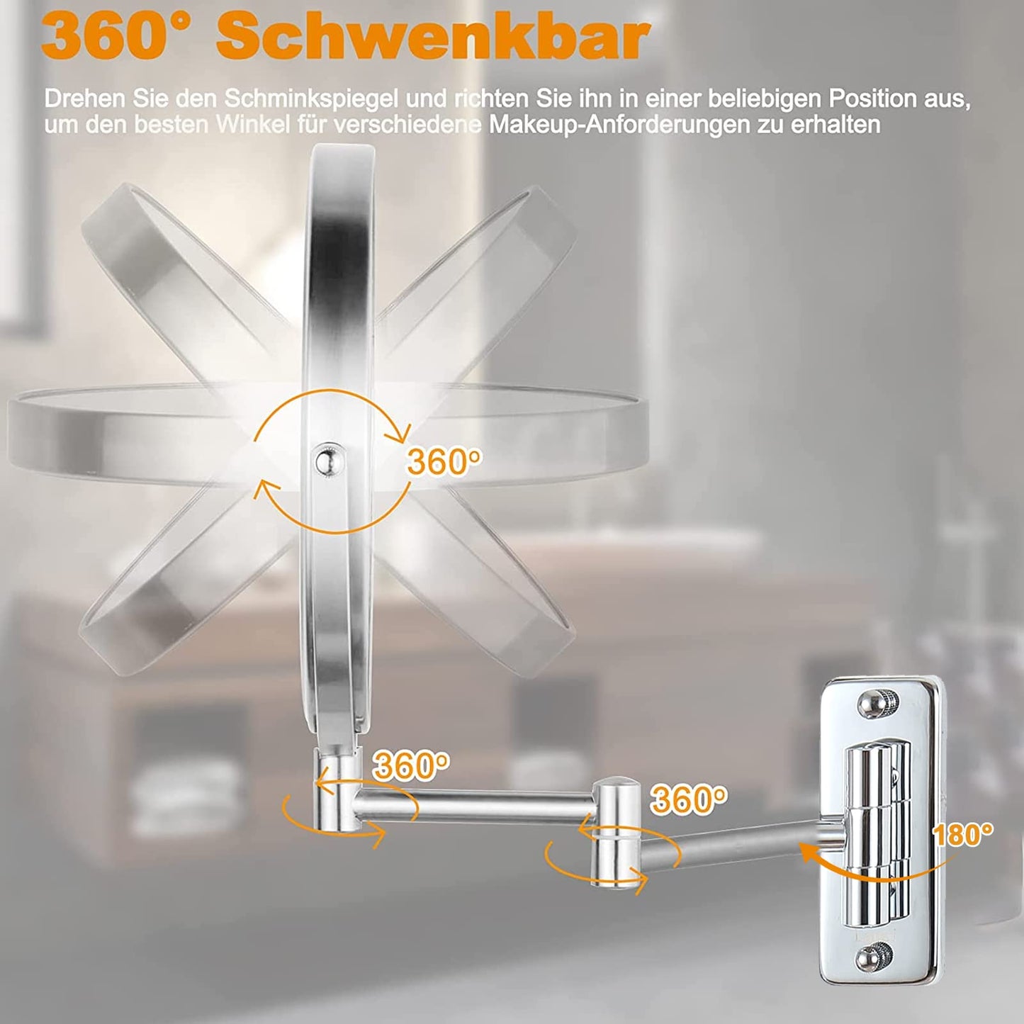 AUPERTO LED Lighted Makeup Mirror - Wall-mounted makeup mirror with 1x/10x magnification, touch button adjustable light, 360° swivel wall mount, and USB rechargeable for bathroom.