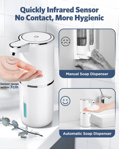 HAPPHOOH Automatic Soap Dispenser Wall-Mounted Touchless Foaming Soap Dispenser with 4 Adjustable Levels, USB Rechargeable Electric Soap Dispenser Sensor 380ml for Bathroom/Kitchen.