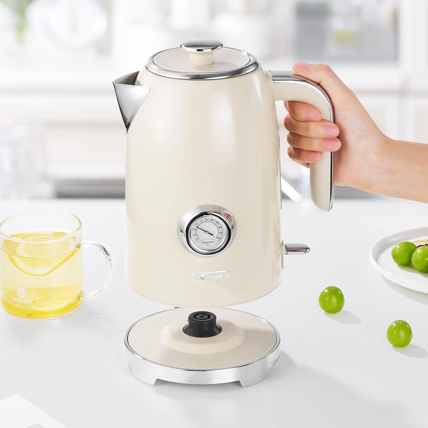 Wiltal Electric Kettle [1.7L, 2200W], Retro Cream, Stainless Steel, Toaster Kettle Set Retro (Water temperature display in retro design, external water level indicator) Vintage Tea Kettle.