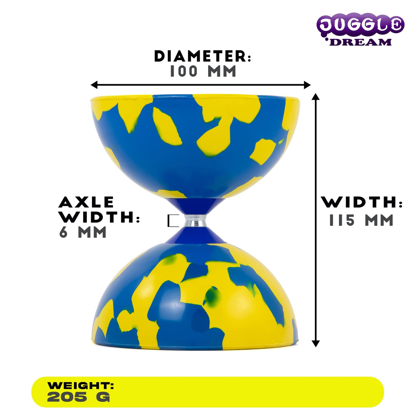 Juggle Dream Jester Diabolo Set - Fixed axle professional diabolo with Superglass handsticks, online learning video - juggling toy (Blue/Yellow)