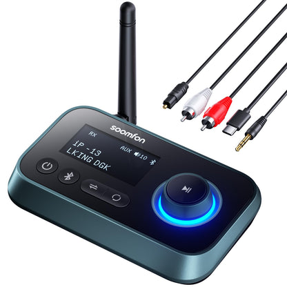 3-in-1 Bluetooth 5.0 transmitter receiver for 2 headphones, SOOMFON Bluetooth adapter for TV PC stereo system, low latency BT transmitter receiver with volume control, aux/RCA/optical.