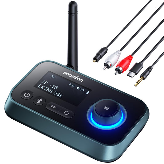 3-in-1 Bluetooth 5.0 Transmitter Receiver for 2 headphones, SOOMFON Bluetooth Audio Adapter for TV, PC, Stereo, Low Latency BT Transmitter Receiver with volume control, Aux/RCA/Optical