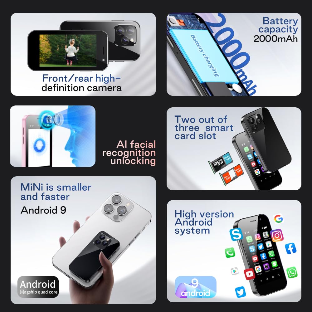 ZOKOE Mini mobile smartphone for kids 3-inch screen 2000mAh 3GB RAM 64GB ROM 2.0+5.0MP Face unlock 4G no contract phone (Black)