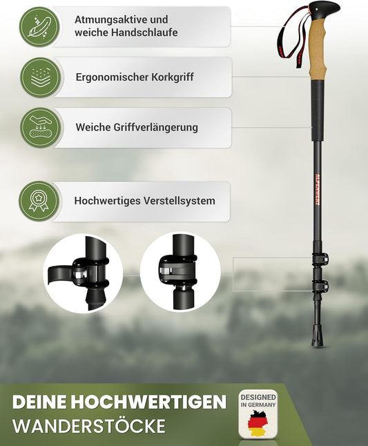 ALPENWERT - Hiking Poles [Carbon & Aluminium] Walking poles for women and men - Telescopic trekking poles with cork grip for hiking, Nordic walking, and ski tours (ultralight carbon)