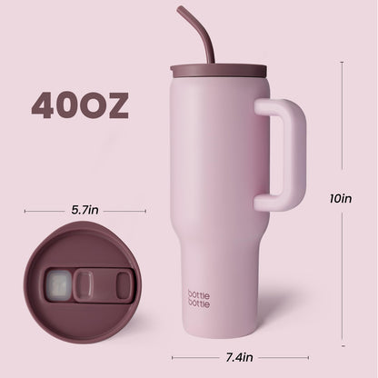BOTTLE BOTTLE 40oz (1.1L) stainless steel coffee mug with handle & straw, BPA-free, insulated thermos cup for travel, office, school & sports, gift idea for coffee and tea lovers (Pink)