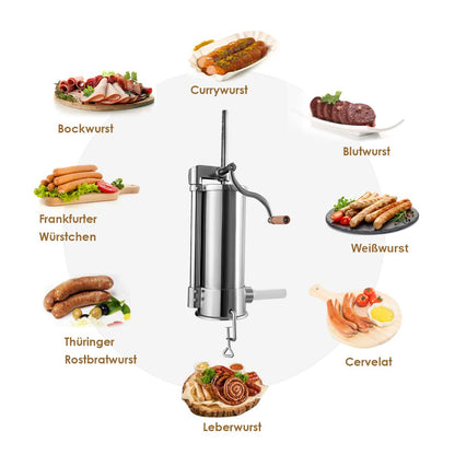COSTWAY 1.5kg/2.5kg/3kg/5kg Manual Sausage Stuffer, Stainless Steel Sausage Maker, Silver Sausage Filling Machine with Table Clamp, Sausage Injector including Filling Tubes (5KG - 6 Filling Tubes)