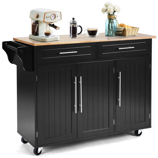 COSTWAY Kitchen Cart on Wheels, Kitchen Serving Trolley with Drawers, Kitchen Island Cart Buffet Cabinet Wood, Kitchen Cabinet with Countertop (Black)