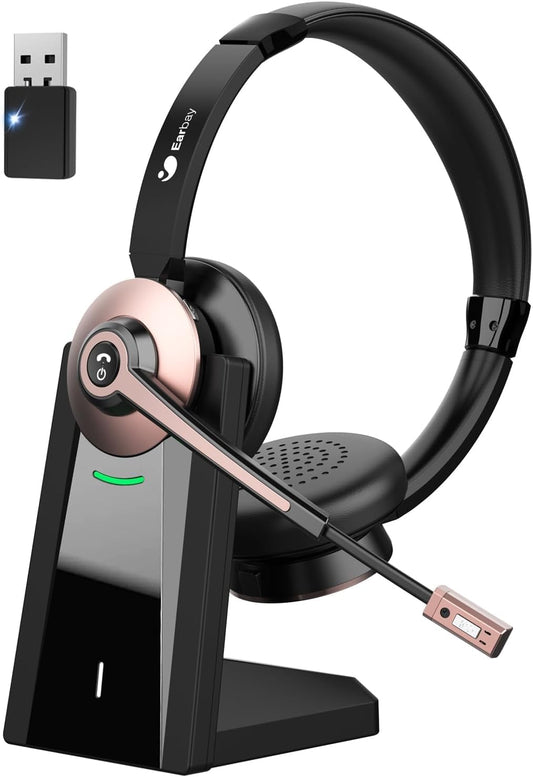 Wireless headset, Bluetooth headset with microphone and noise cancellation & USB dongle, wireless with microphone mute & charging station for computer/phone/meeting/call center/office.