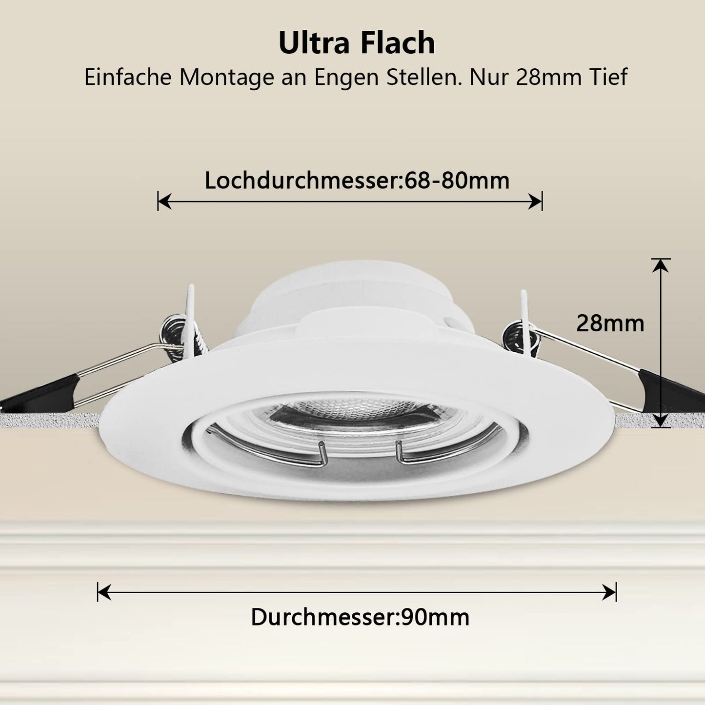 Unikcst 10 pack Dimmable LED Recessed Lights 230V Ultra Flat Swivel Ceiling Spots Round White Recessed Spot 68mm hole diameter, incl. 6W LED Module Neutral White