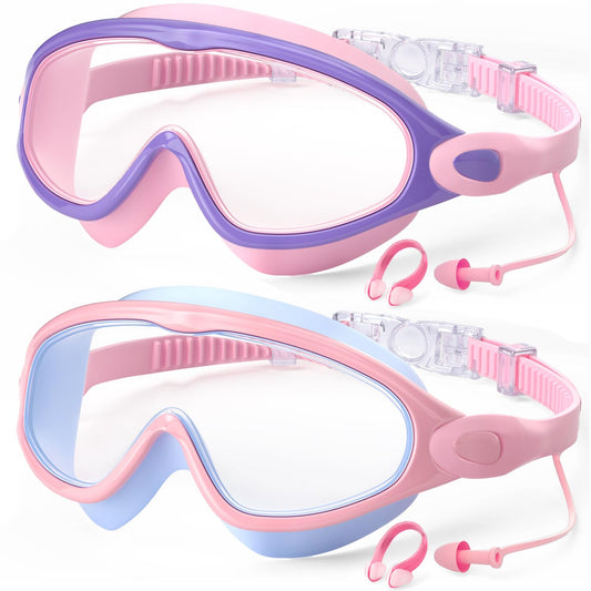 COOLOO 2 Pack Kids Swim Goggles, Anti-Fog UV Protection Wide View Waterproof Swim Goggles for Boys Girls 3-15 Years