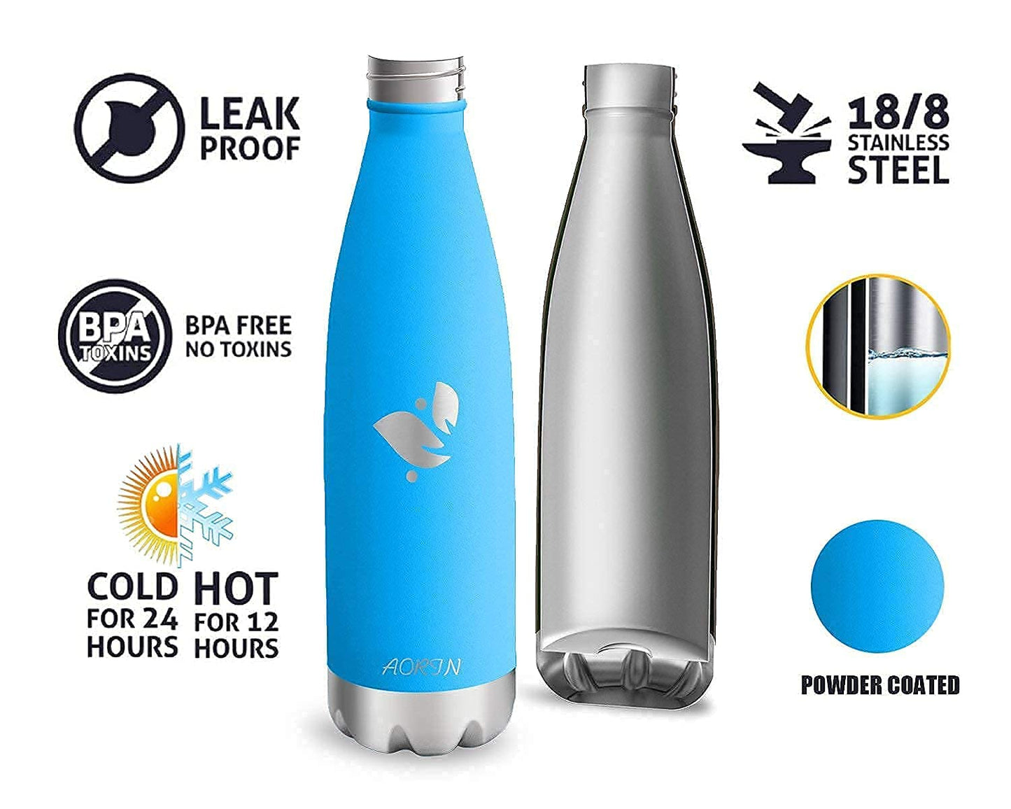 AORIN Vacuum Insulated Water Bottle - 500ml - BPA-Free, 24 Hrs Cold & 12 Hrs Hot, Ideal Thermos Bottle for Kids, School, Sports, Outdoor, Bike, Fitness