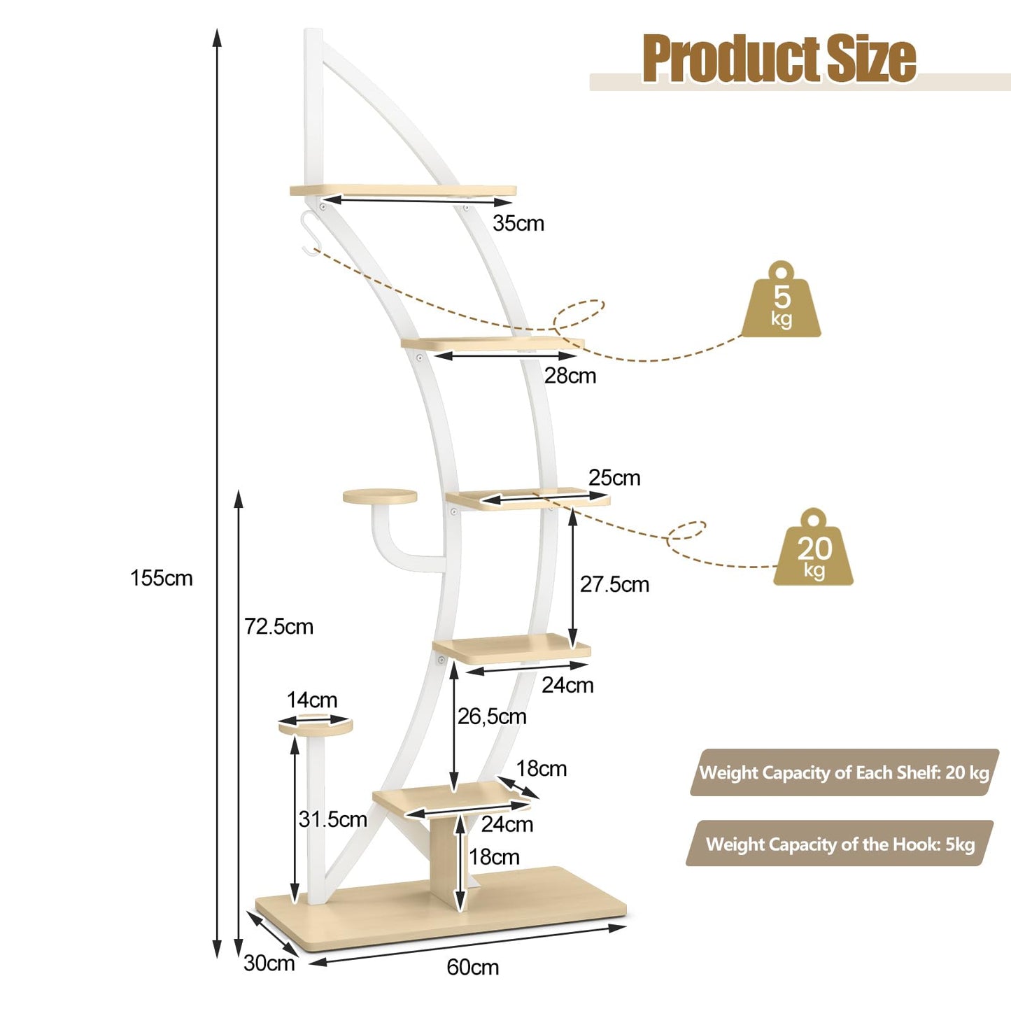 COMFOTEU 5-Tier Plant Stand, Metal Flower Stand, Plant Stand with Anti-Tipping, Flower Stand with 7 Levels & 1 Hook, Display Shelf for Garden Balcony Living Room, White (1 Piece)