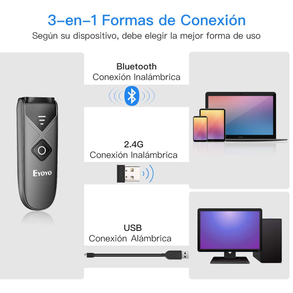 Eyoyo 2D QR barcode scanner, 1D mini barcode reader with 3-in-1 USB cable/Bluetooth/2.4G wireless connection for iOS, Android, tablets, and PC.