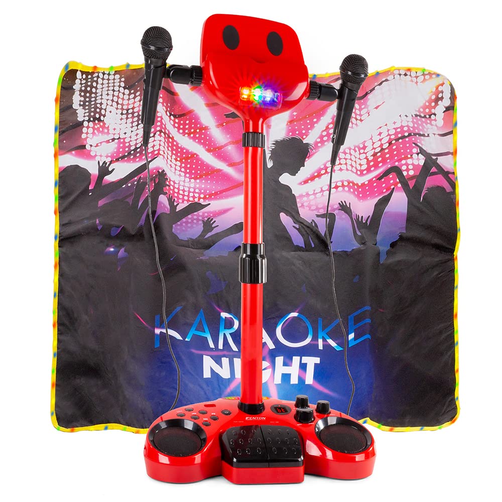 Fenton karaoke system with 2 microphones, stage mat with LEDs, Bluetooth, MP3 player, USB, karaoke machine with disco light effects - red suitable for all age groups with 2 handheld microphones and tablet holder.