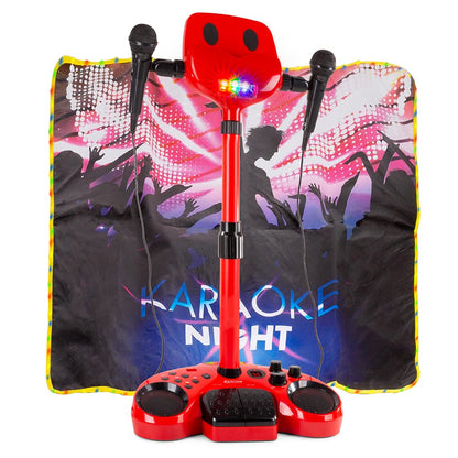 Fenton karaoke system with 2 microphones, stage mat with LEDs, Bluetooth, MP3 player, USB, karaoke machine with disco light effects - red suitable for all age groups with 2 handheld microphones and tablet holder.