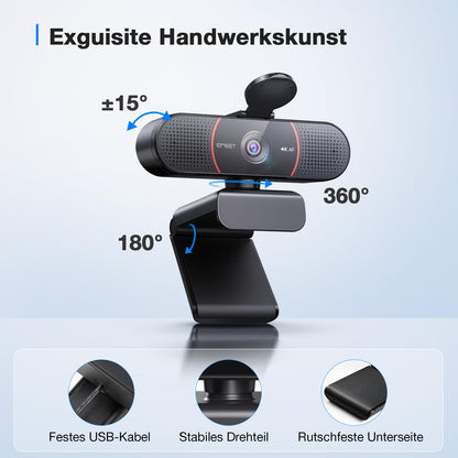 C960 4K Kit Webcam, UHD webcam with lens cover & dual microphone, PDAF autofocus, 73° streaming camera with automatic light correction, web cam PC for Zoom/Teams/YouTube, Linux, Win10, Mac OS