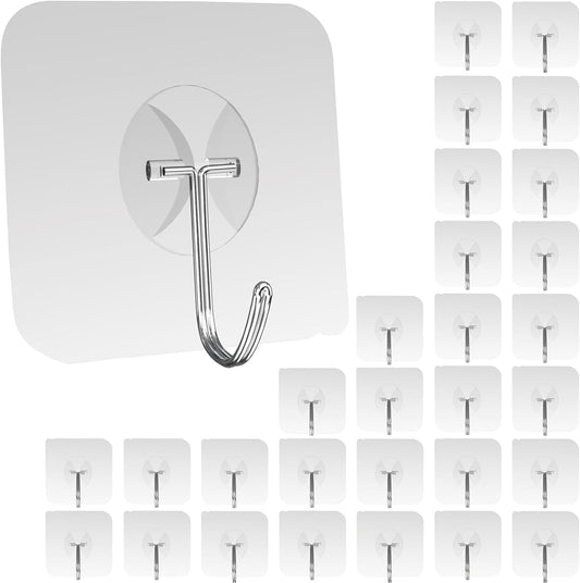 Latoxcaa Large Adhesive Hooks Extra Strong for Hanging Heavy-Duty 10KG(Max), Transparent and Removable Adhesive Hooks, Waterproof and Rustproof Self-Adhesive Hooks for Bathroom, 30 Pieces
