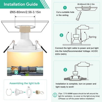 10x recessed spotlight GU10 set with white mounting frame for 230V spots, including GU10 socket, LED with 68mm hole diameter round, 30° tiltable integrated spotlight frame for LED or halogen bulbs.