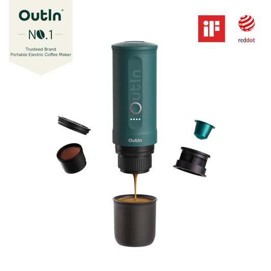 OutIn Nano Portable Espresso Machine with Battery, ideal for on-the-go or camping, coffee maker to go, with electric self-heating via USB-C, 2 in 1 for ground coffee and Nespresso capsules.