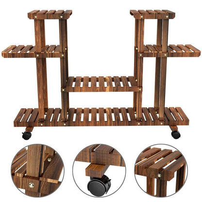 Yaheetech Plant Stand with Wheels, 4-Tier Plant Shelf for Balcony, Flower Stand, Flower Steps, Solid Wood, for Indoor & Outdoor, 124 x 33 x 80 cm.