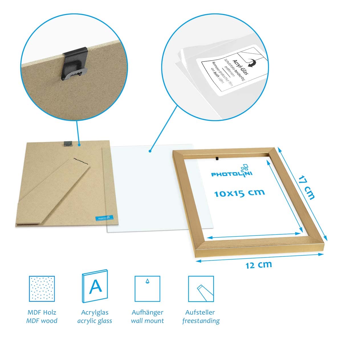 PHOTOLINI Picture Frames 4x6 Gold MDF Wood, 10-piece Poster Frames, shatterproof acrylic glass, for hanging & standing, extra accessories - for photos & posters