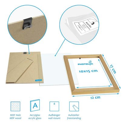 PHOTOLINI Picture Frames 4x6 Gold MDF Wood, 10-piece Poster Frames, shatterproof acrylic glass, for hanging & standing, extra accessories - for photos & posters