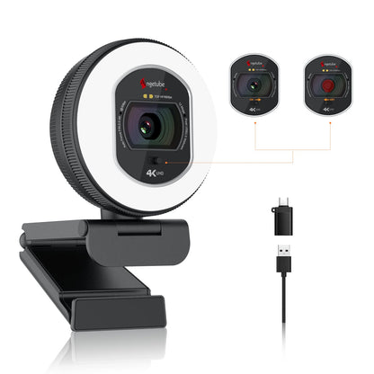 Angetube 4K webcam with light - streaming camera for PC with dual AI noise-cancelling microphone, auto-focus, and built-in privacy cover. USB 1080P 60FPS webcam for laptop and Mac.