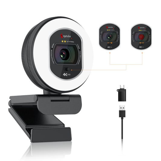 Angetube 4K webcam with light - streaming camera for PC with dual AI noise-cancelling microphone, auto-focus, and built-in privacy cover. USB 1080P 60FPS webcam for laptop and Mac.
