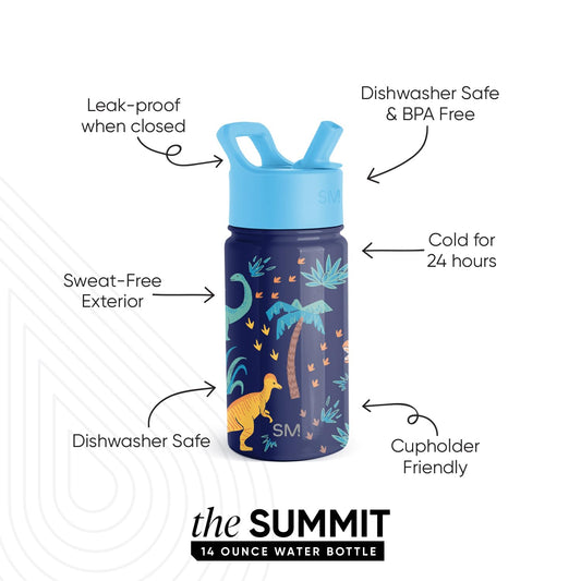 Simple Modern Kids Straw Water Bottle | Insulated Stainless Steel Children's Drink Bottle for Toddler Boys and Girls | Summit | 415ml | Jurassic Jungle