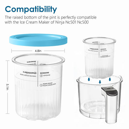 4-pack of Vione replacement Ninja Creami Deluxe Pints and Lids. 24 oz. pint containers compatible with NC501, NC500 series. BPA-free, dishwasher safe, assorted colors.