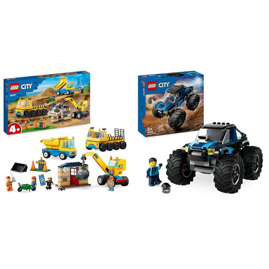 LEGO City Construction Vehicles and Crane with Wrecking Ball, Toy & City Blue Monster Truck, Off-road Car Toy, Vehicle Set