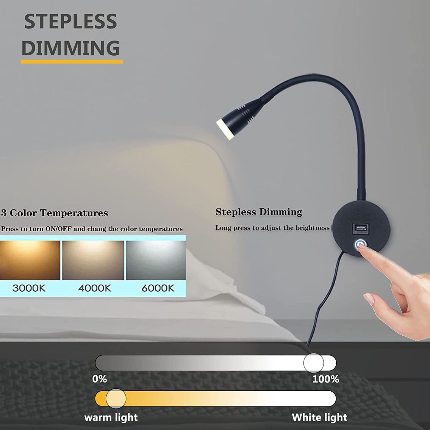Bedside Reading Lamp Dimmable LED Wall Light with Touch Switch and USB Port, 3W Reading Light 360° Flexible Gooseneck Lamp Bedroom Bedside Lamp Bed Wall Mount Wall Light with EU Adapter