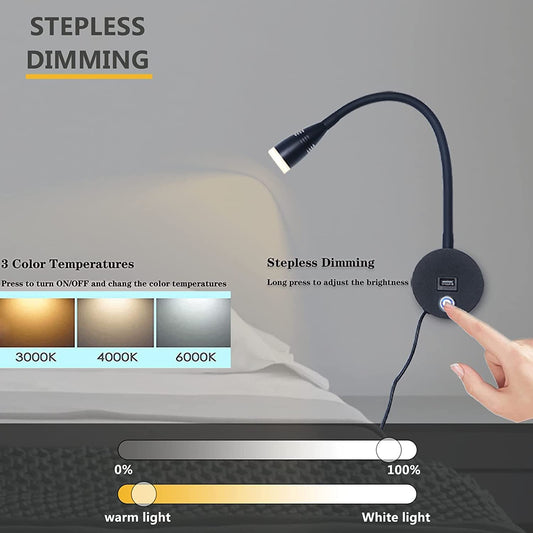 Bedside Reading Lamp Dimmable LED Wall Light with Touch Switch and USB Port, 3W Reading Light 360° Flexible Gooseneck Lamp Bedroom Bedside Lamp Bed Wall Mount Wall Light with EU Adapter