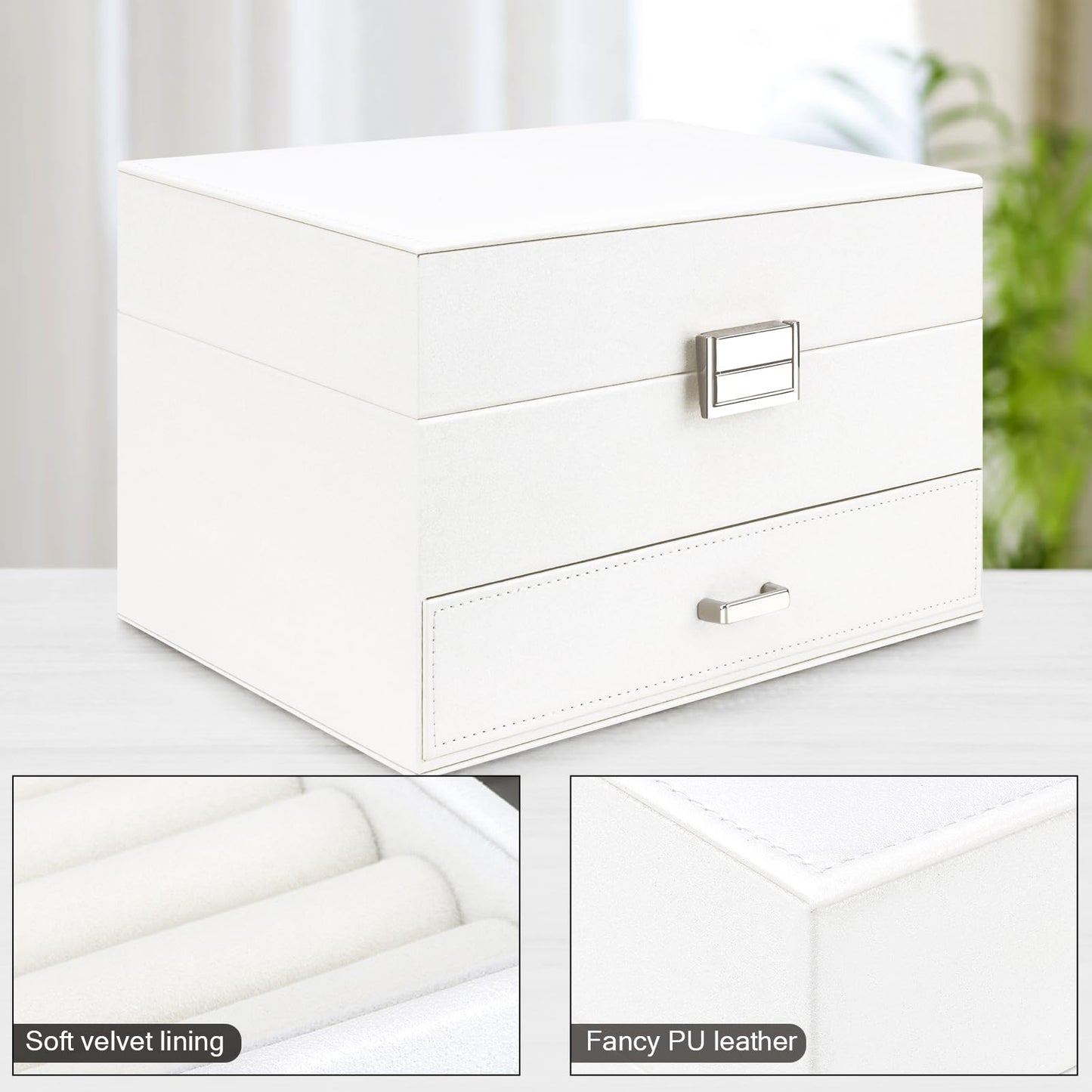 Jewelry box, jewelry case with drawers for women girls, PU leather jewelry box jewelry box jewelry case large jewelry storage for rings earrings bracelets necklaces, white.